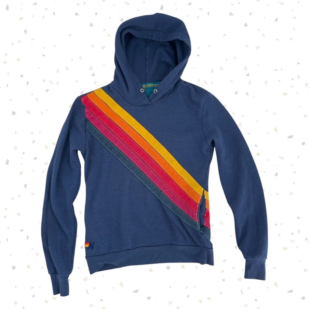 Aviator Nation 5 Stripe Pullover Hoodie Navy Blue Retro Rainbow Pockets Size XS